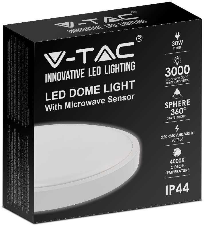 Sieninis šviestuvas V-tac 30W LED paviršinis šviestuvas, baltas, 4000K, IP44, su judesio davikliu