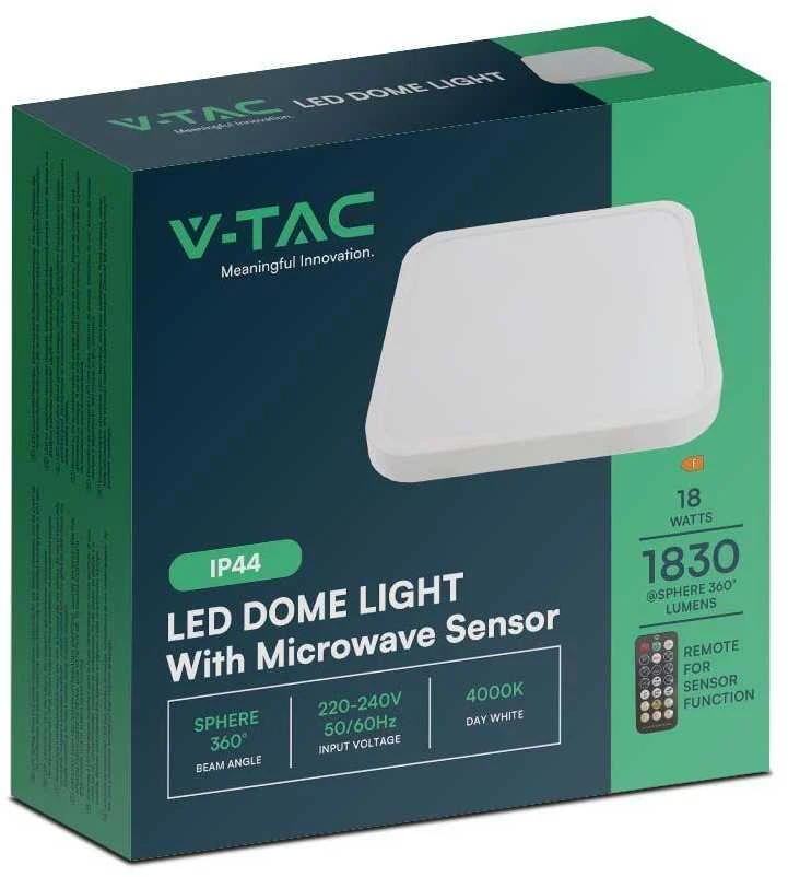 Lubinis šviestuvas V-tac 36W LED paviršinis šviestuvas, kvadratinis, baltas, 4000K, IP44, su judesio davikliu