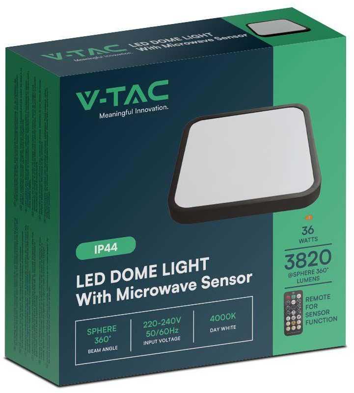 Sieninis šviestuvas V-tac 36W LED paviršinis šviestuvas, kvadratinis, juodu korpusu, 4000K, IP44, su judesio davikliu