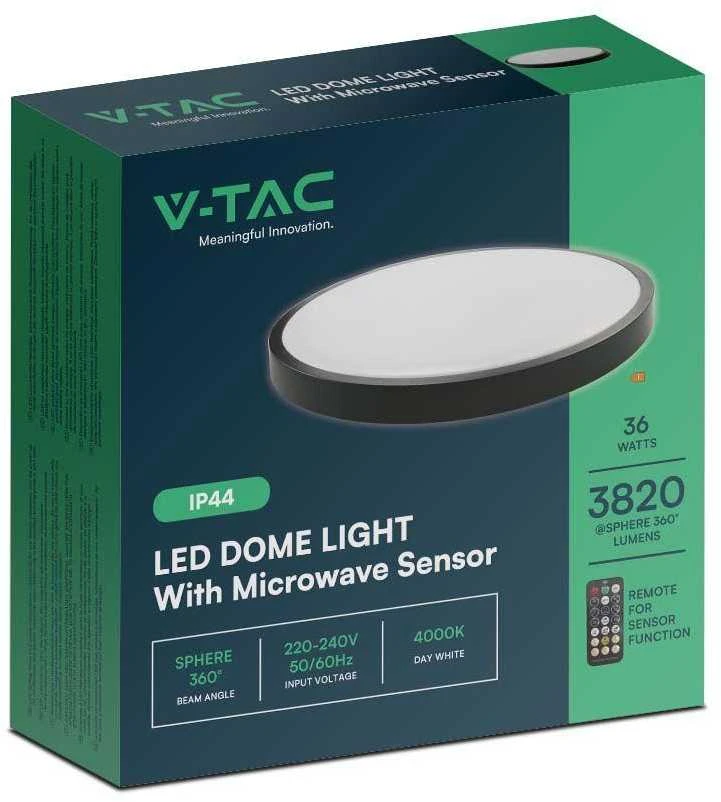 Lubinis šviestuvas V-tac 36W LED paviršinis šviestuvas, juodu korpusu, 4000K, IP44, su judesio davikliu