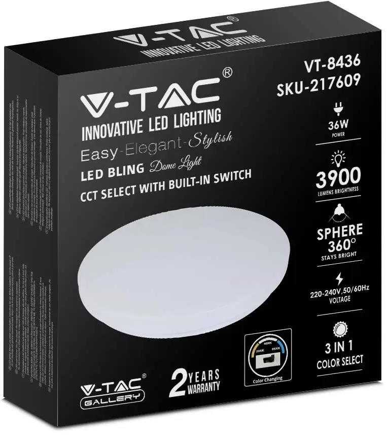 Lubinis šviestuvas V-tac 36W paviršinis šviestuvas, su pieno spalvos dangteliu, 3in1, dimeriuojamas