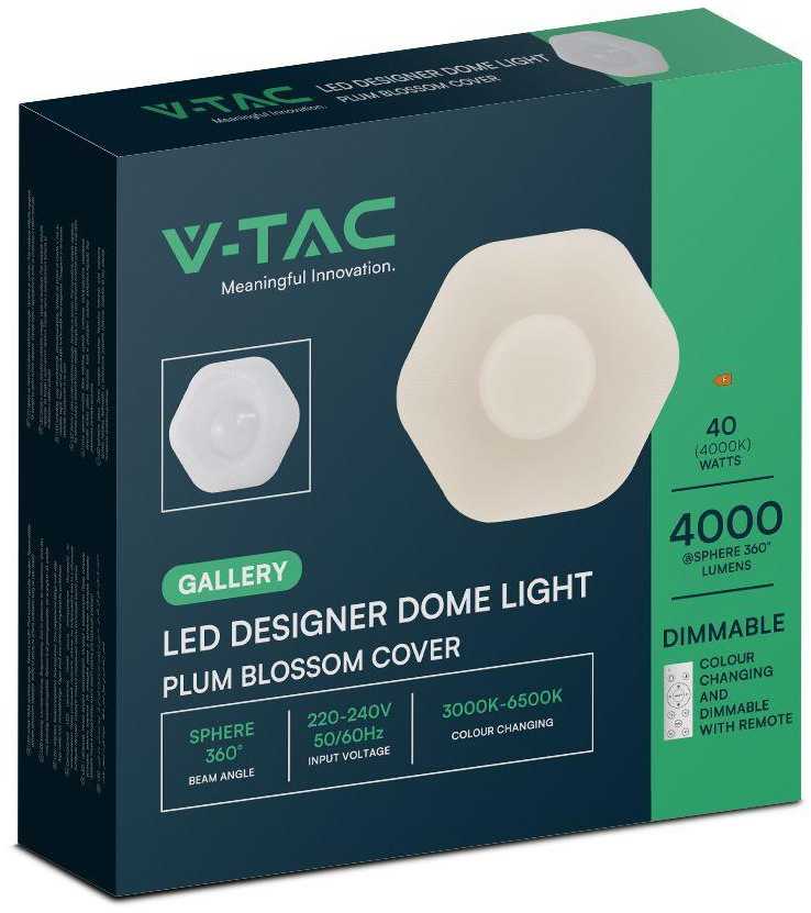 Lubinis šviestuvas V-tac 20/40W LED paviršinis šviestuvas, baltas, 3000/4000/6500K, dimeriuojamas, PLUM BLOSSOM dangtelis