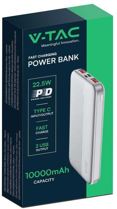 V-TAC išorinė baterija 10000mAh, 22.5W, 2xUSB C