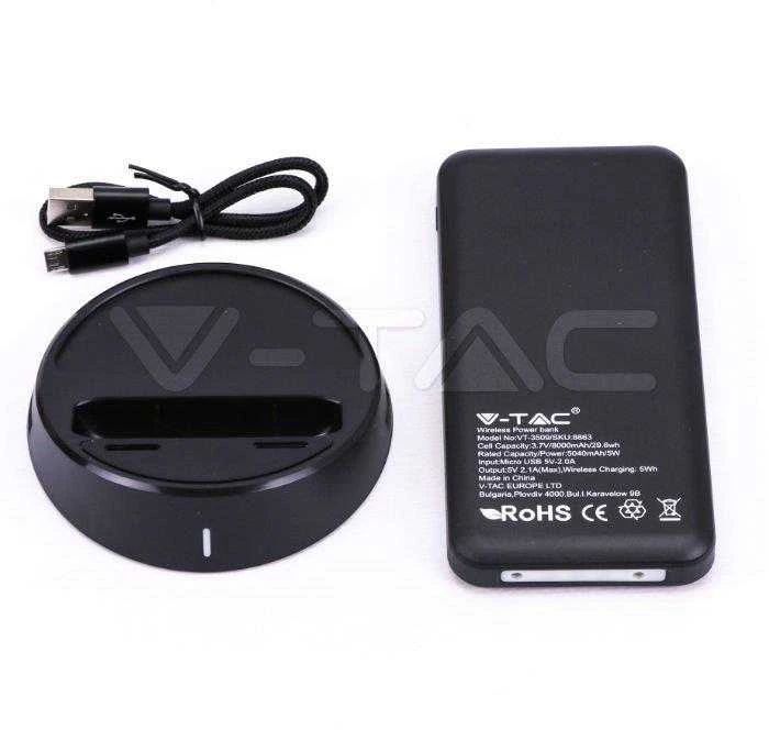 Išorinė baterija (power bank) V-TAC, juodas, 8000mAh su bevielio pakrovimo funkcija, su ekranu.