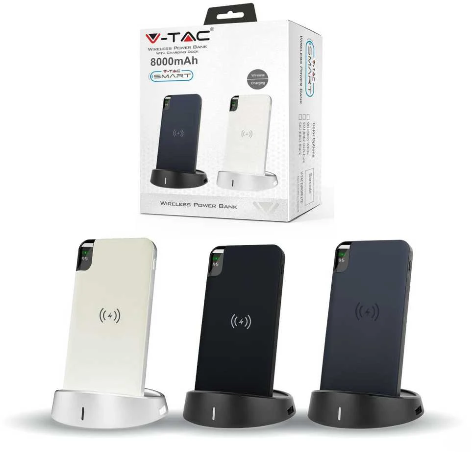 Išorinė baterija (power bank) V-TAC, juodas, 8000mAh su bevielio pakrovimo funkcija, su ekranu.
