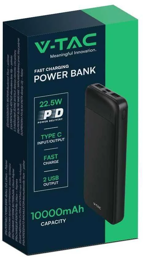 V-TAC išorinė baterija 10000mAh, 22.5W, juoda
