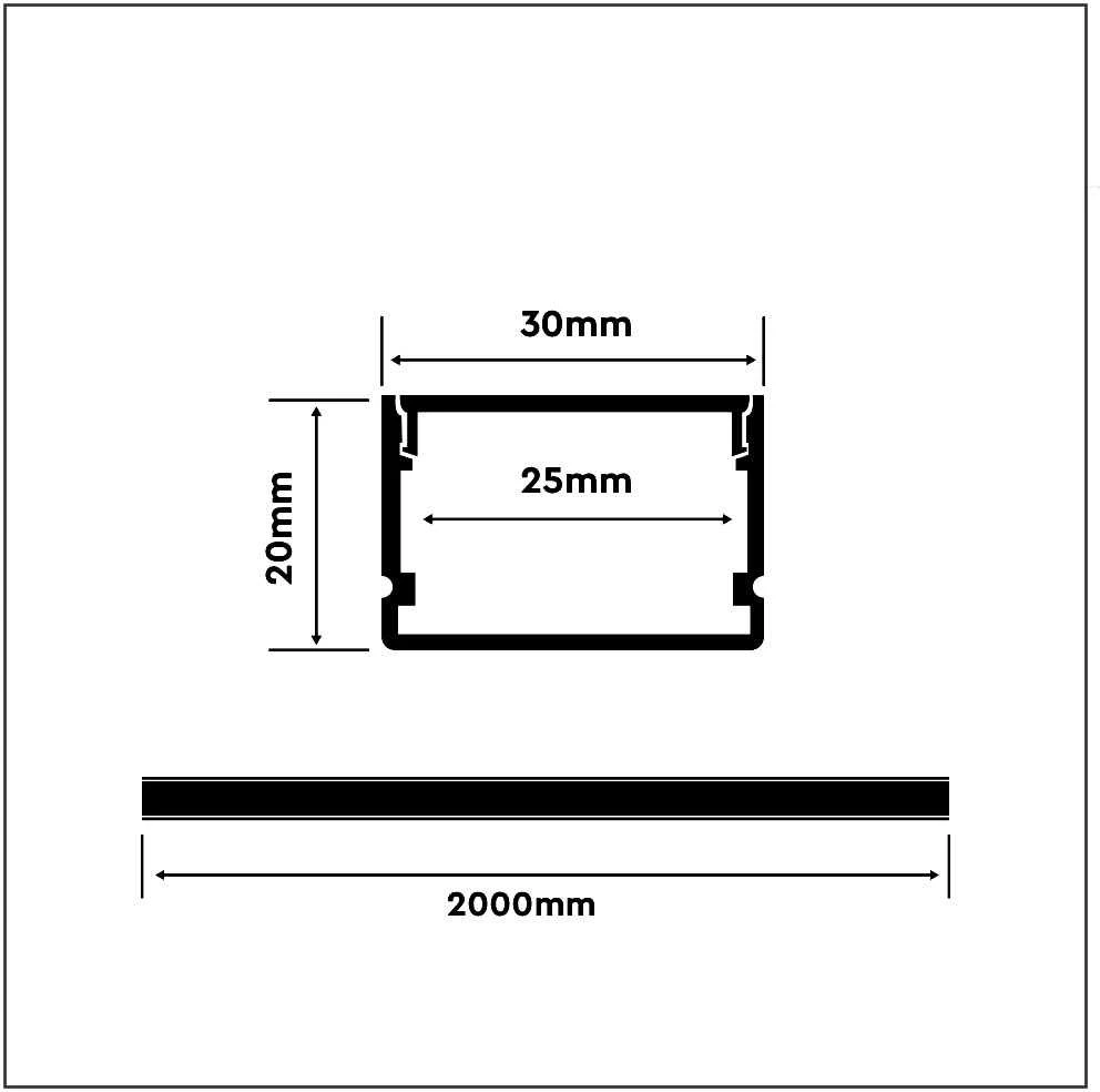 LED paviršinis profilis V-TAC, su dangteliu ir užbaigimais, aliuminio sp., 2000x30x20mm