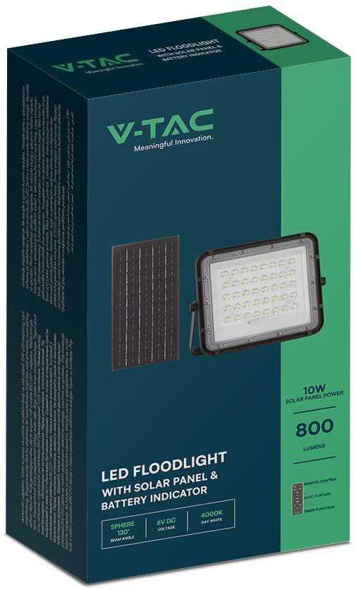 V-tac 10W LED prožektorius su saulės baterija, juodas, 6400K