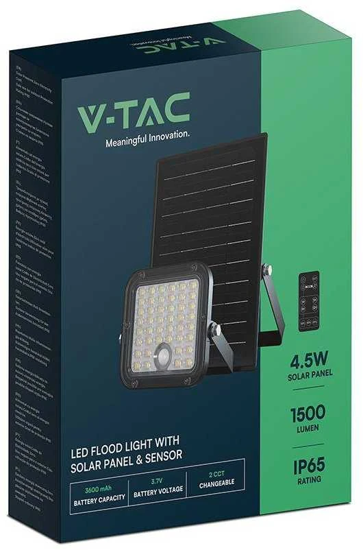 V-tac 10W LED prožektorius su saulės baterija ir judesio davikliu, juodas, 4000/6000K