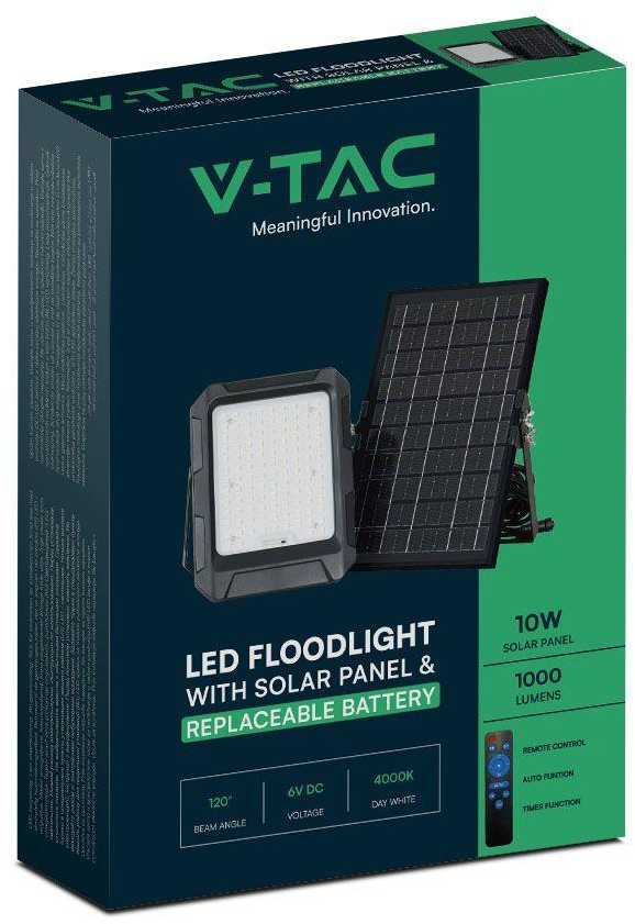 V-tac 10W LED prožektorius su saulės baterija, juodas, 4000K