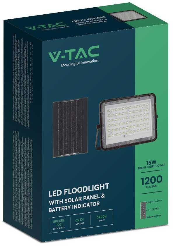 V-tac 15W LED prožektorius su saulės baterija, juodas, 6400K