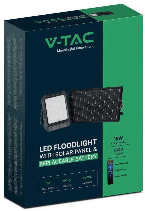 V-tac 15W LED prožektorius su saulės baterija, juodas, 4000K