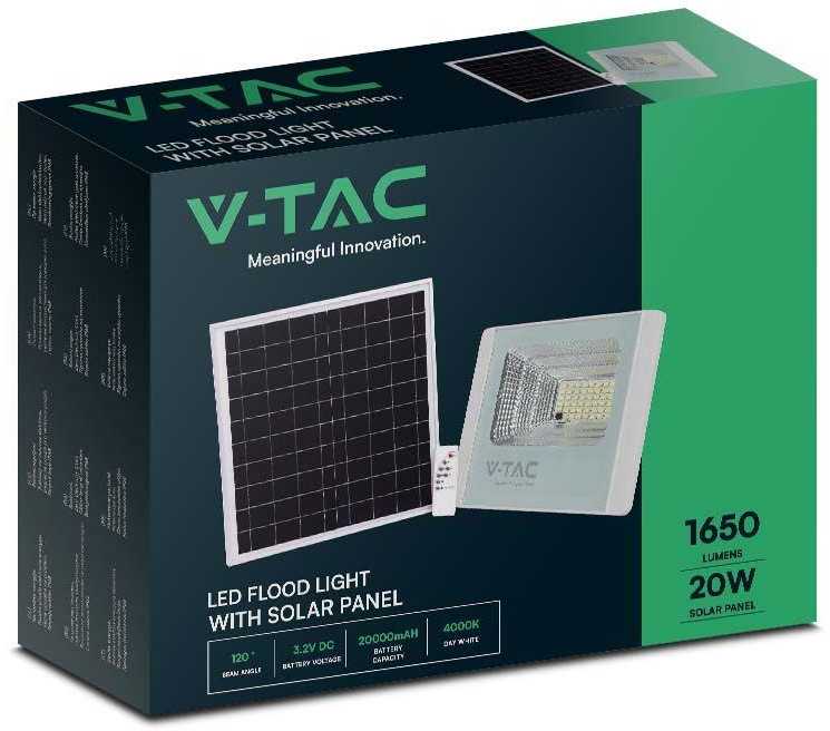V-tac 20W LED prožektorius su saulės baterija, baltas, 6400K