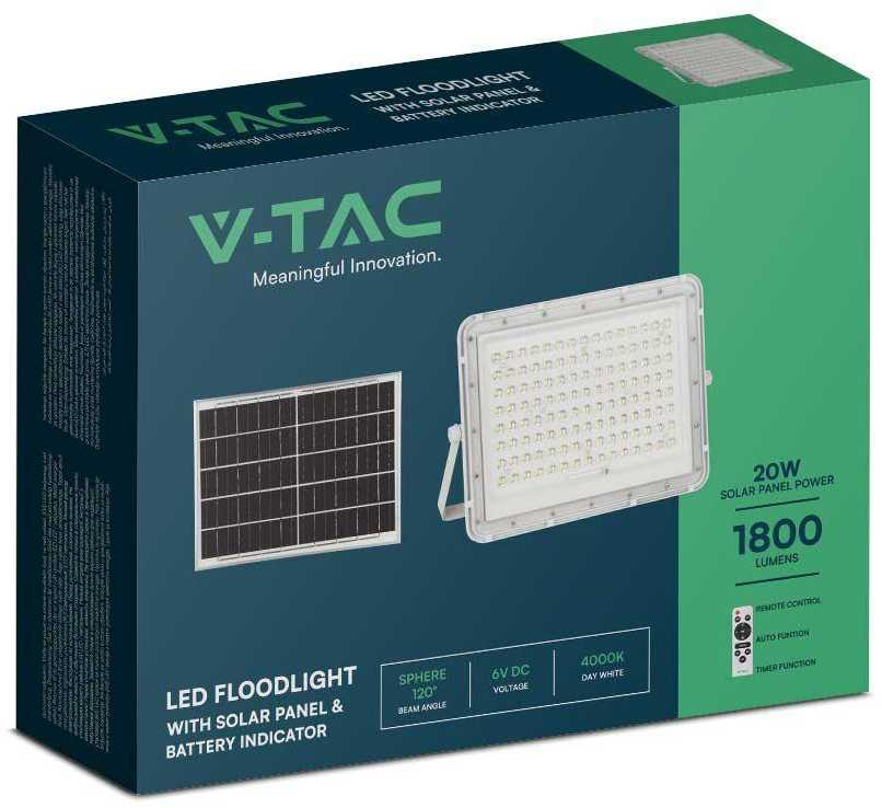 V-tac 20W LED prožektorius su saulės baterija, baltas, 4000K