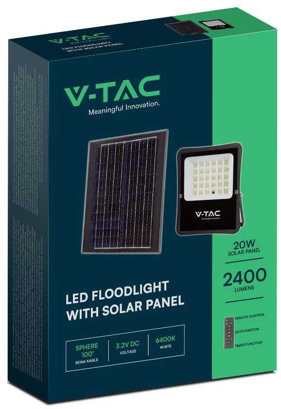 V-tac 20W LED prožektorius su saulės baterija, juodas, 6400K