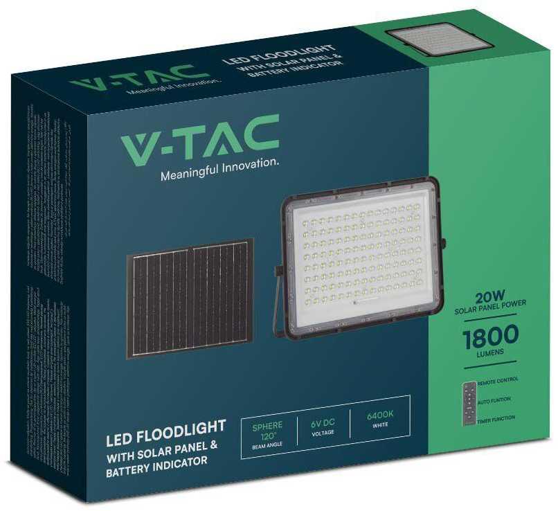 V-tac 20W LED prožektorius su saulės baterija, juodas, 6400K