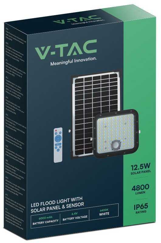 V-tac 30W LED prožektorius su saulės baterija, juodas, 6400K, su judesio davikliu