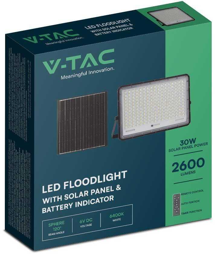 V-tac 30W LED prožektorius su saulės baterija, juodas, 4000K