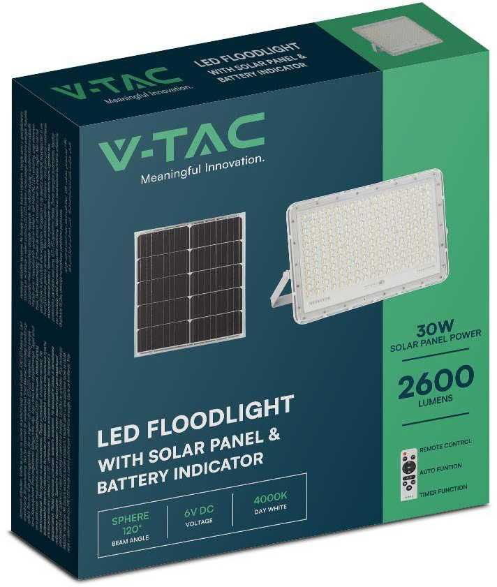 V-tac 30W LED prožektorius su saulės baterija, baltas, 4000K