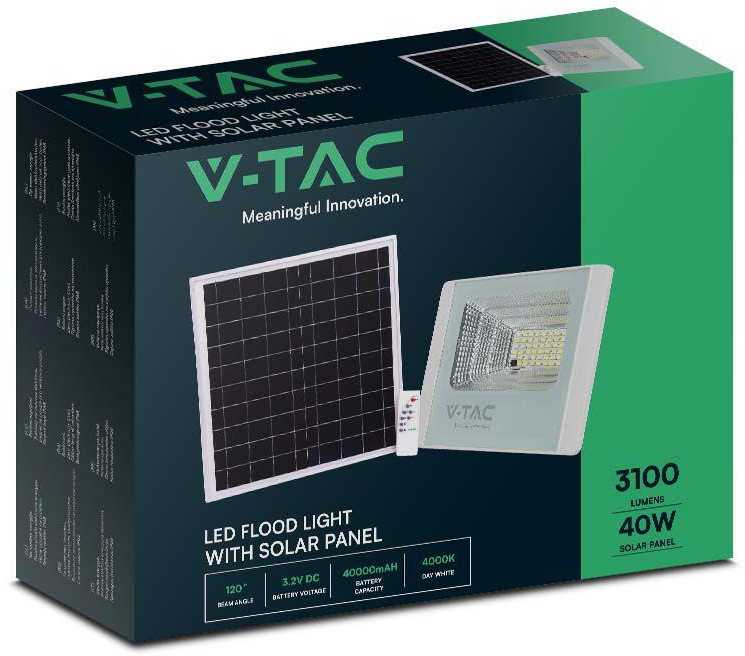V-tac 40W LED prožektorius su saulės baterija, baltas, 4000K