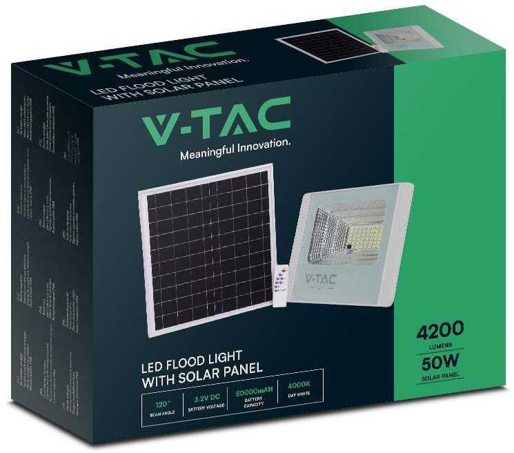 V-tac 50W LED prožektorius su saulės baterija, baltas, 4000K