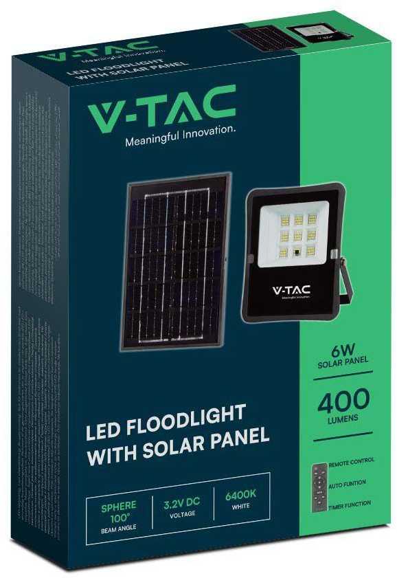 V-tac 6W LED prožektorius su saulės baterija, juodas, 6400K