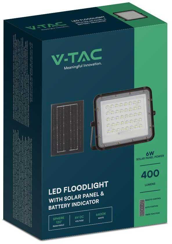 V-tac 6W LED prožektorius su saulės baterija, juodas, 6400K