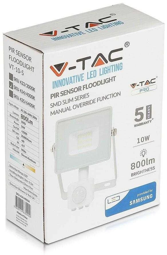 10W LED prožektorius V-TAC, 4000K (dienos šviesa), su judesio davikliu, baltu korpusu, SAMSUNG LED chip