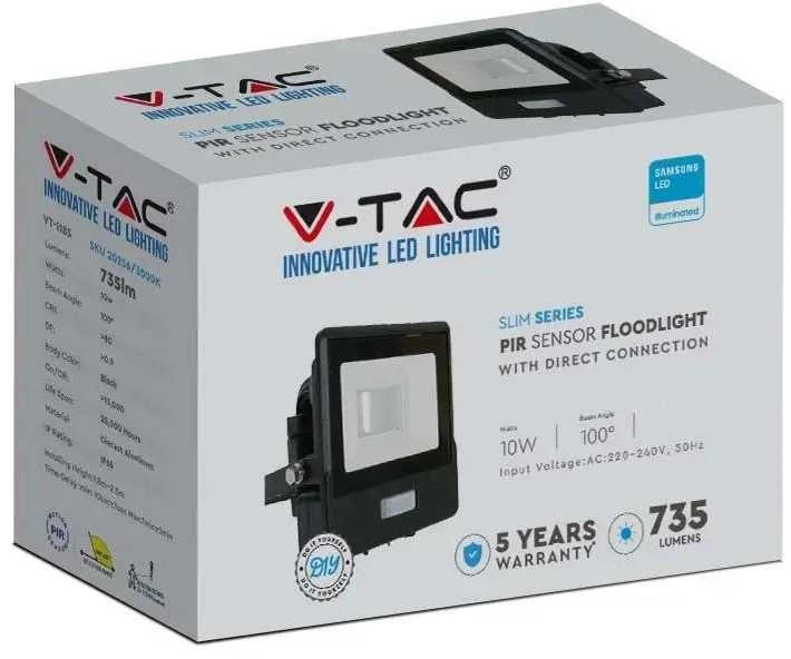 10W LED prožektorius V-TAC, juodu korpusu, 6500K, su judesio davikliu