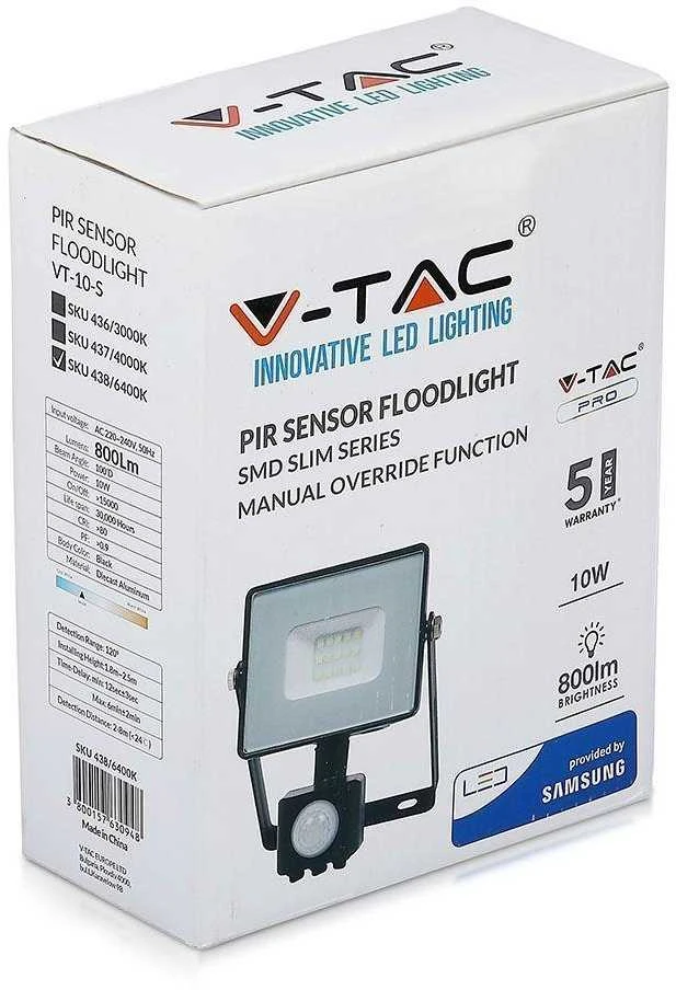10W LED prožektorius V-TAC, 4000K (natūraliai balta), su judesio davikliu, juodu korpusu, SAMSUNG LED chip