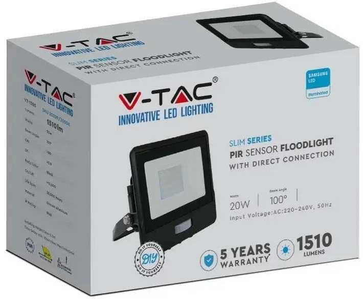 20W LED prožektorius V-TAC, juodu korpusu, 3000K, su judesio davikliu