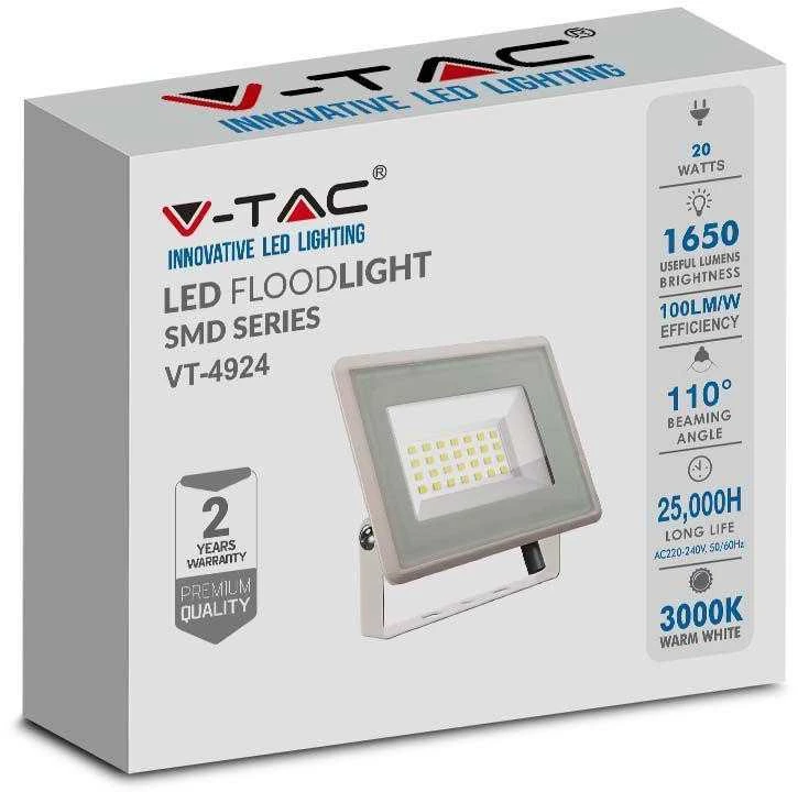 V-tac 20W LED prožektorius, baltu korpusu, 6400K, su maitinimo šaltiniu