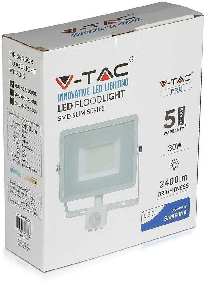 30W LED prožektorius V-TAC, 6400K (šaltai balta), su judesio davikliu, baltu korpusu, SAMSUNG LED chip