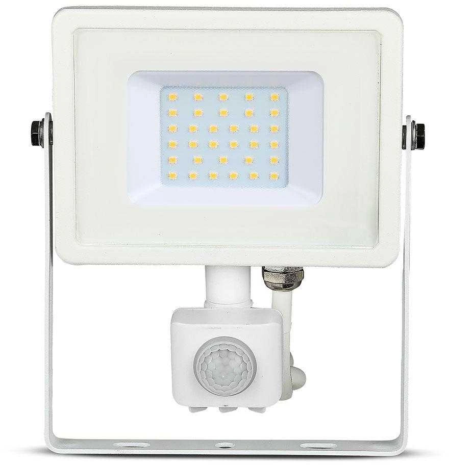 30W LED prožektorius V-TAC, 6400K (šaltai balta), su judesio davikliu, baltu korpusu, SAMSUNG LED chip