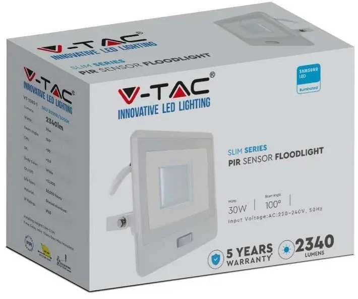 Samsung 30W LED prožektorius V-TAC, baltu korpusu, 6500K, su judesio davikliu