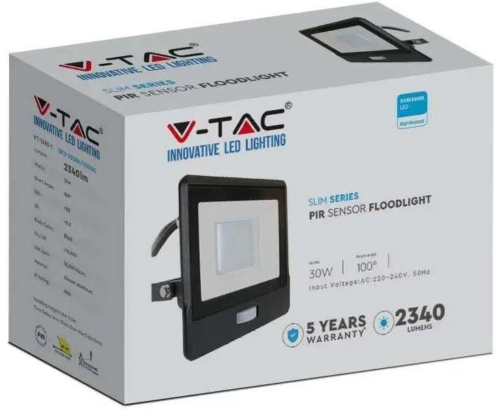 30W LED prožektorius V-TAC, juodu korpusu, 3000K, su judesio davikliu