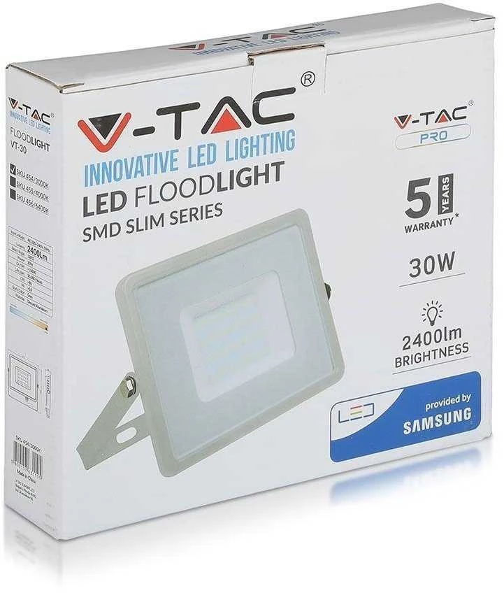 30W LED prožektorius V-TAC, 6400K (šaltai balta), pilku korpusu, SAMSUNG LED chip