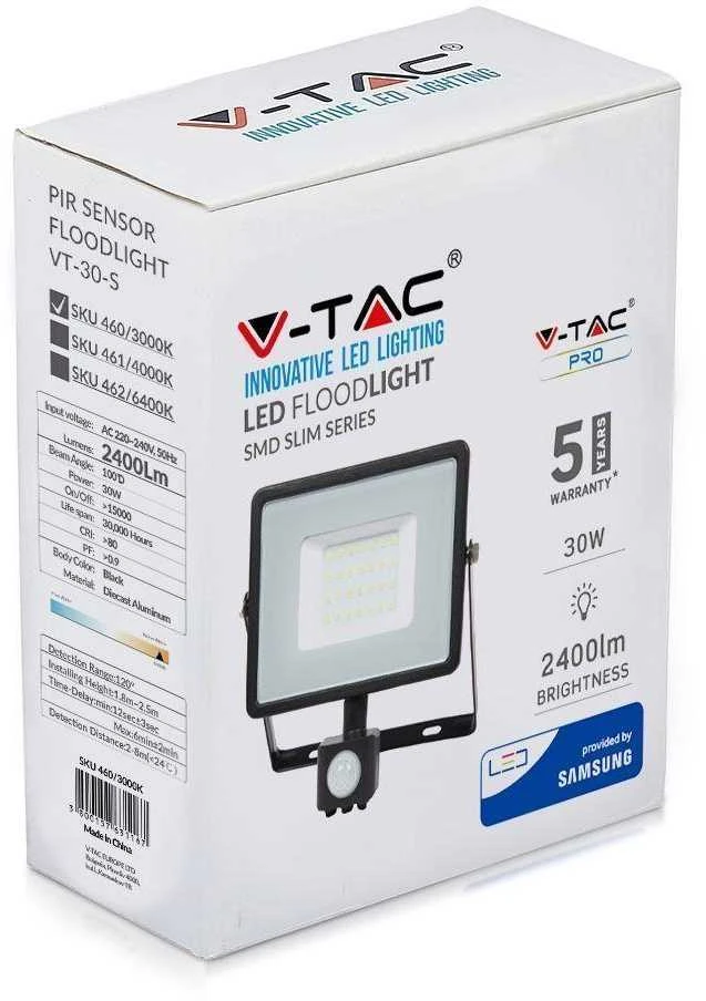 30W LED prožektorius V-TAC, 3000K (šiltai balta), su judesio davikliu, juodu korpusu, SAMSUNG LED chip