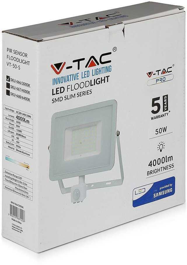 50W LED prožektorius V-TAC, 3000K (šiltai balta), su judesio davikliu, baltu korpusu, SAMSUNG LED chip