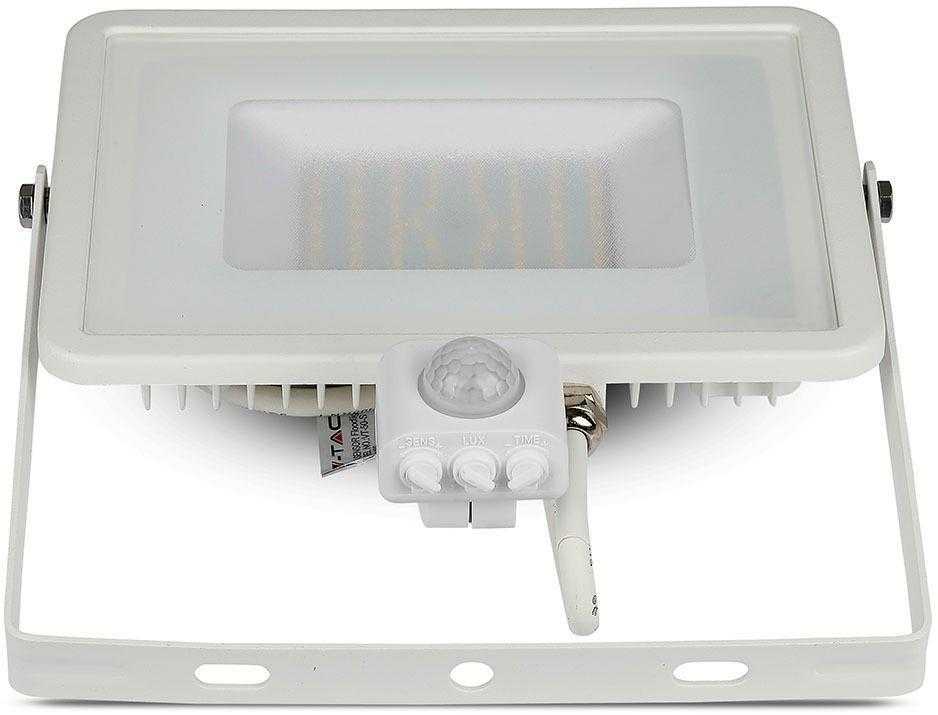 50W LED prožektorius V-TAC, 3000K (šiltai balta), su judesio davikliu, baltu korpusu, SAMSUNG LED chip