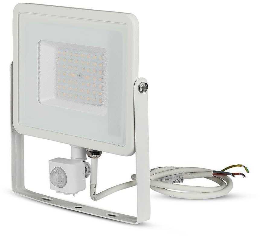 50W LED prožektorius V-TAC, 3000K (šiltai balta), su judesio davikliu, baltu korpusu, SAMSUNG LED chip