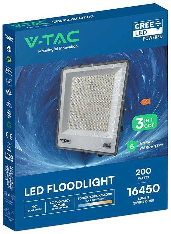 V-tac 200W LED prožektorius, juodas, 3000/4000/6500K, CREE LED chip