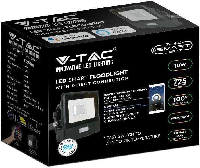 V-tac 10W LED prožektorius su judesio davikliu, juodas, suderinamas su AMAZON ALEXA ir GOOGLE HOME, 3000-6500K/RGB