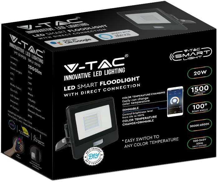 V-tac 20W LED prožektorius su judesio davikliu, juodas, suderinamas su AMAZON ALEXA ir GOOGLE HOME, 3000-6500K/RGB