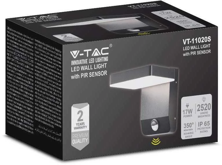Sieninis šviestuvas V-tac 17W LED sieninis lauko šviestuvas, juodas, 4000K, IP65, su judesio davikliu