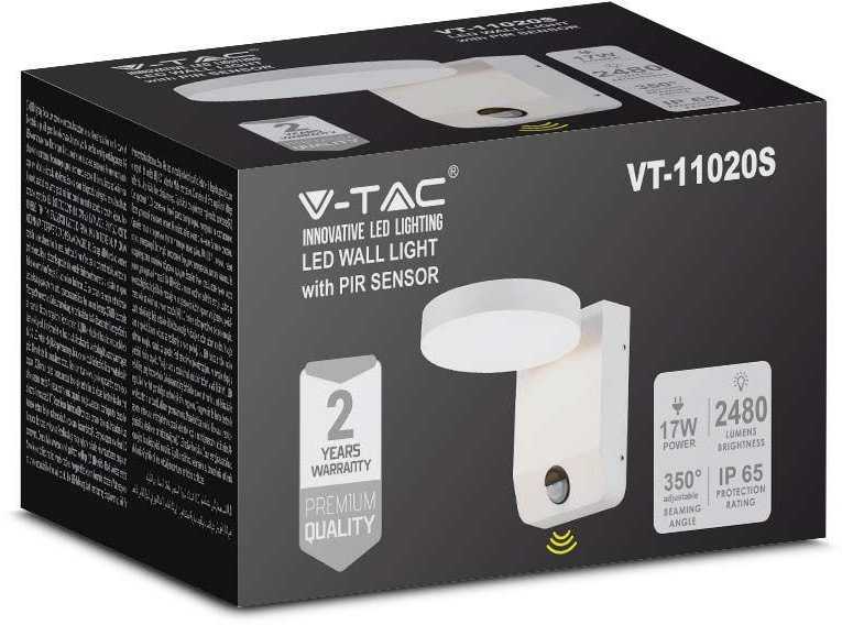 V-tac 17W LED sieninis lauko šviestuvas, baltas, 4000K, IP65, su judesio davikliu
