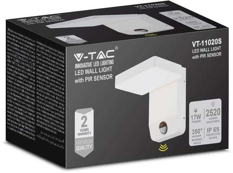 V-tac 17W LED sieninis lauko šviestuvas, baltas, 3000K, IP65, su judesio davikliu