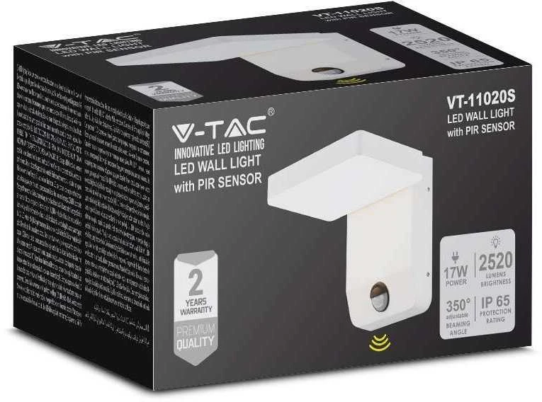 Sieninis šviestuvas V-tac 17W LED sieninis lauko šviestuvas, baltas, 4000K, IP65, su judesio davikliu