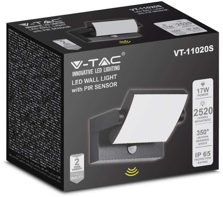 Sieninis šviestuvas V-tac 17W LED sieninis lauko šviestuvas, juodas, 4000K, IP65, su judesio davikliu