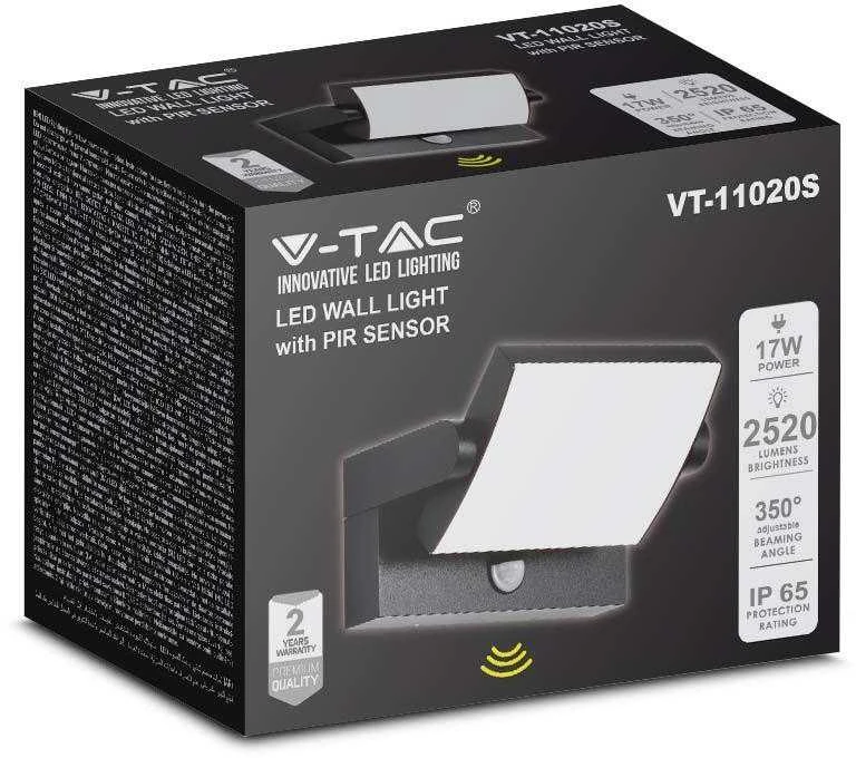 V-tac 17W LED sieninis lauko šviestuvas, juodas, 3000K, IP65, su judesio davikliu